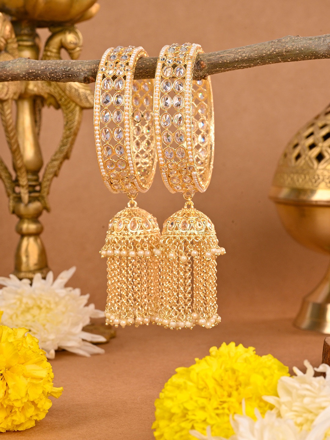 

Wedding Chuda by Hitesh Bangles Set Of 2 Stones-Studded & Beaded Bangles, Gold