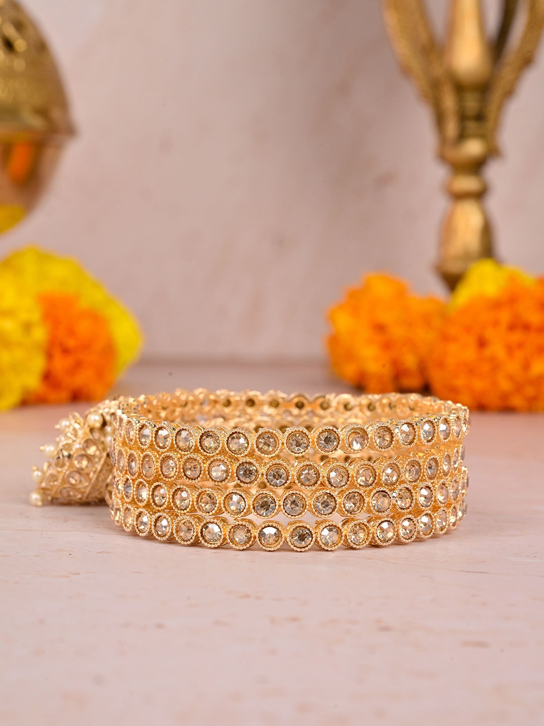 

Wedding Chuda by Hitesh Bangles Set Of 4 Stones-Studded & Beaded Bangles, Gold