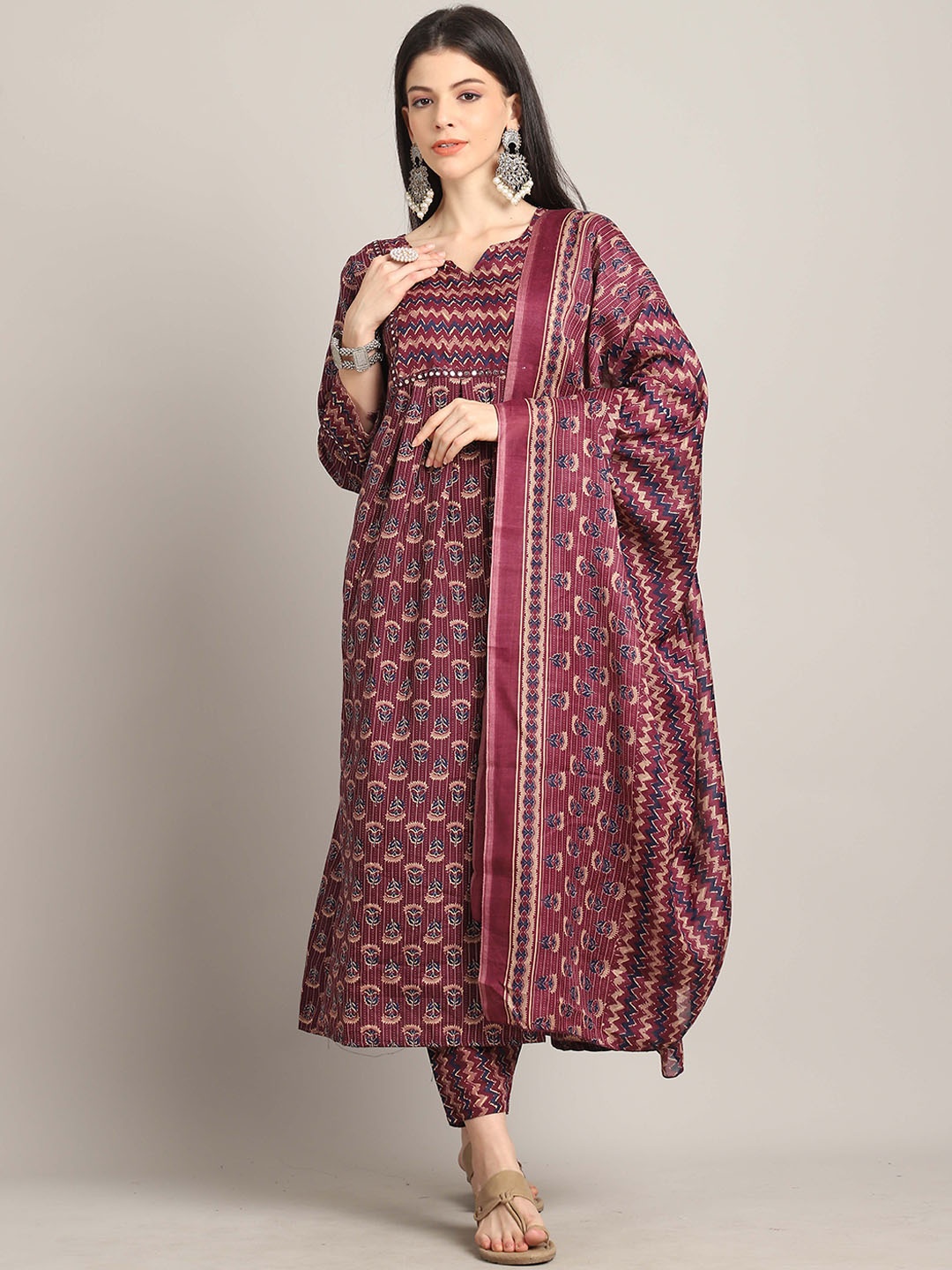 

KALINI Women Floral Printed Regular Kurta with Trousers & With Dupatta, Maroon