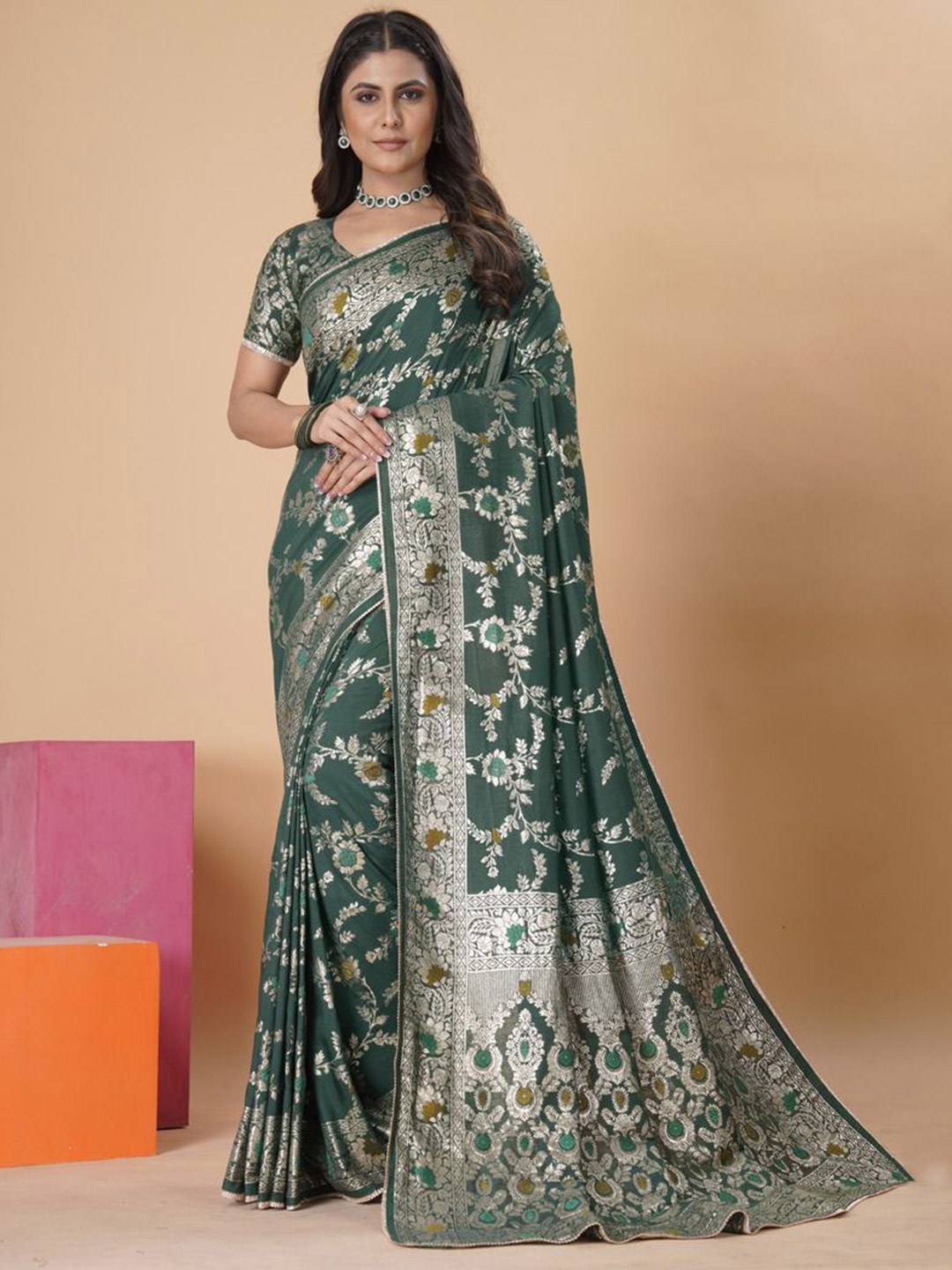 

Krimmple Woven Design Zari Saree, Green
