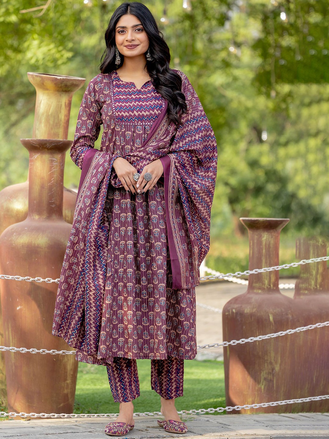 

KALINI Floral Printed Kurta with Trousers & Dupatta, Purple