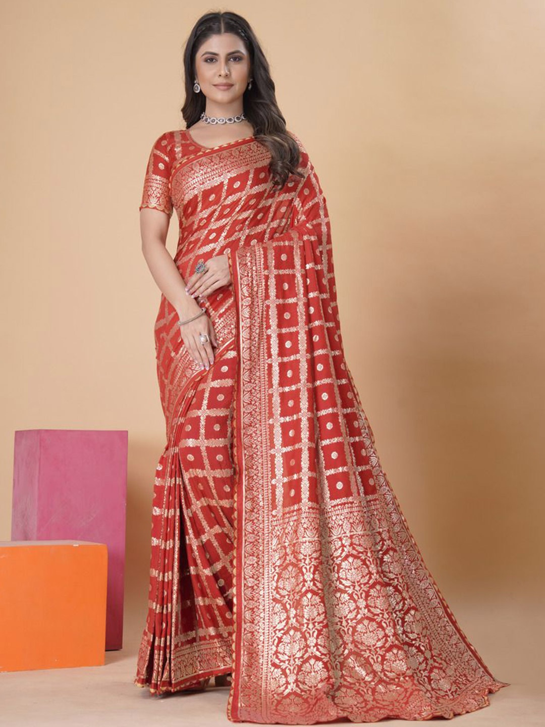 

Krimmple Woven Design Zari Saree, Red