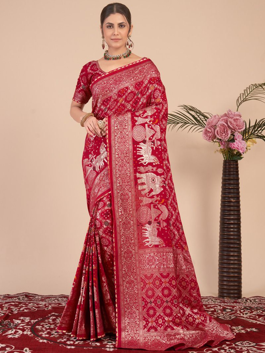 

Krimmple Woven Design Zari Saree, Red