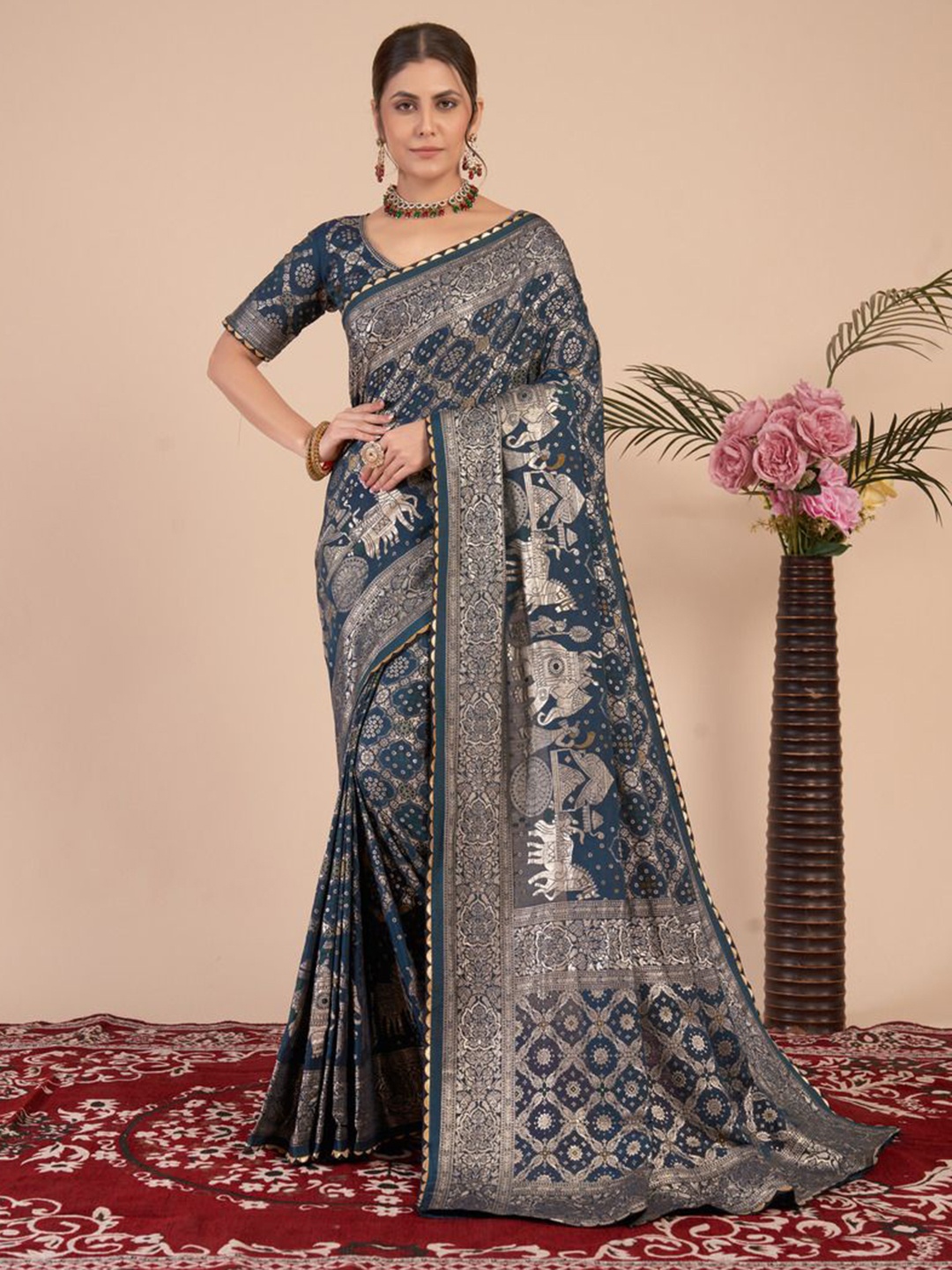 

Krimmple Woven Design Zari Silk Cotton Saree, Blue