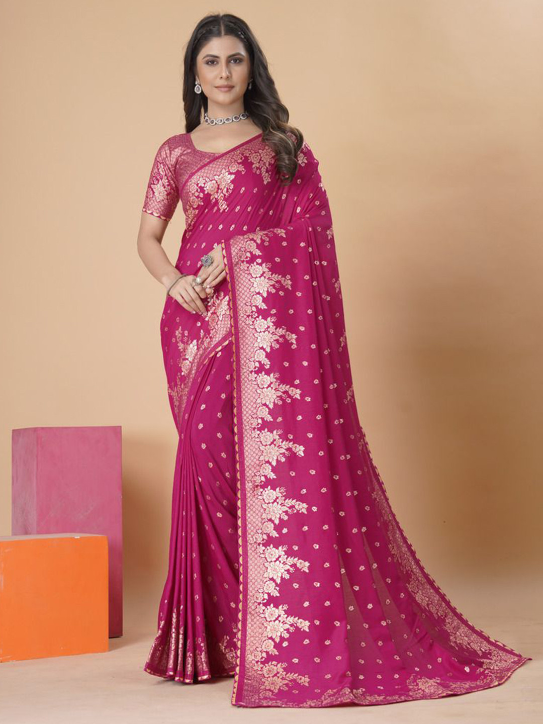

Krimmple Woven Design Zari Saree, Pink