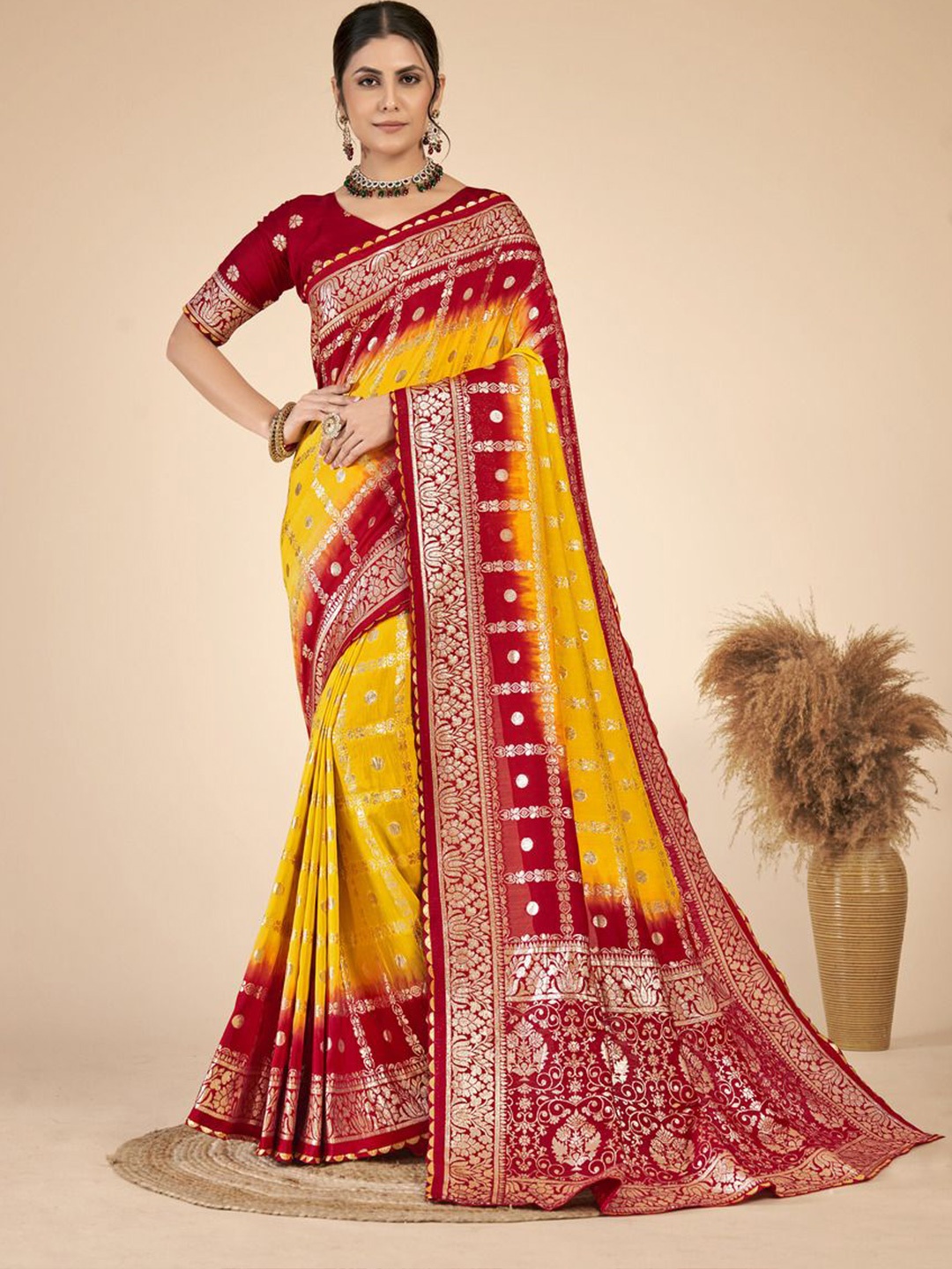 

Krimmple Ethnic Motifs Woven Design Zari Saree, Yellow