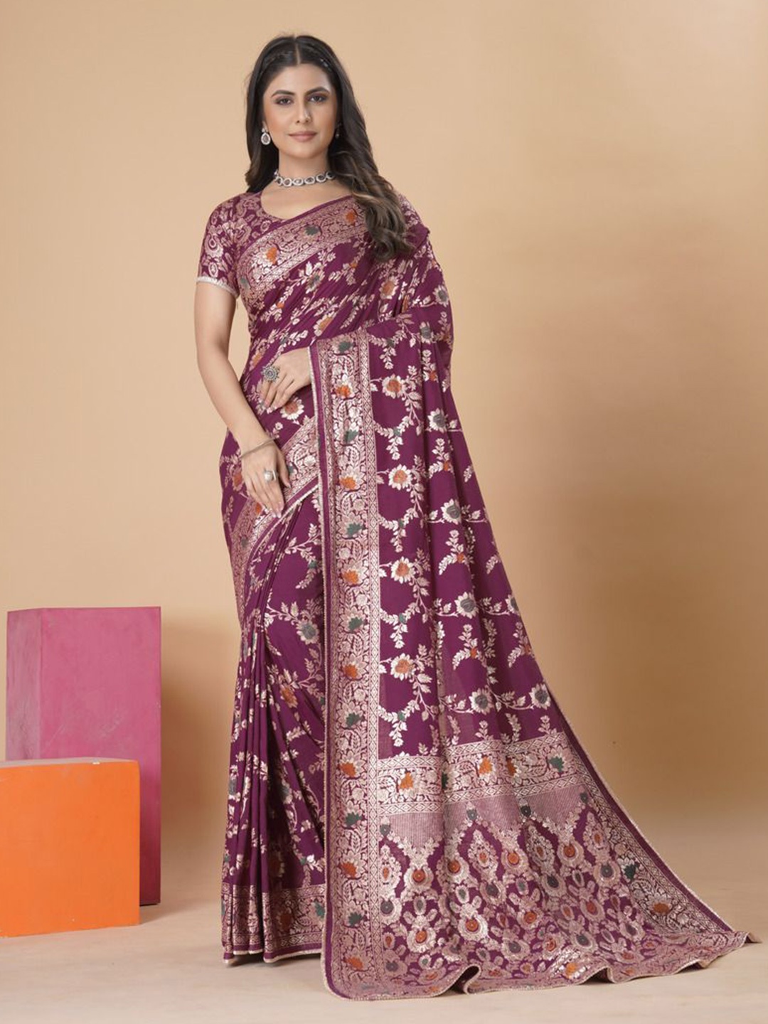 

Krimmple Ethnic Motifs Woven Design Zari Saree, Purple