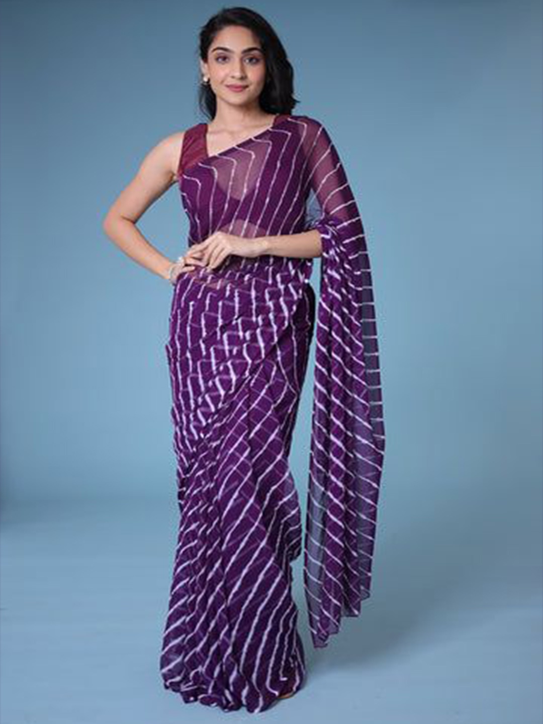 

Krimmple Leheriya Printed Pure Chiffon Saree, Purple