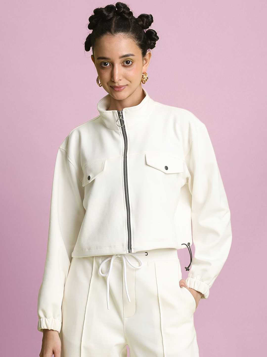 

Bene Kleed Relaxed Fit Mock Collar Crop Tailored Jacket with Adjustable Hemline, Off white