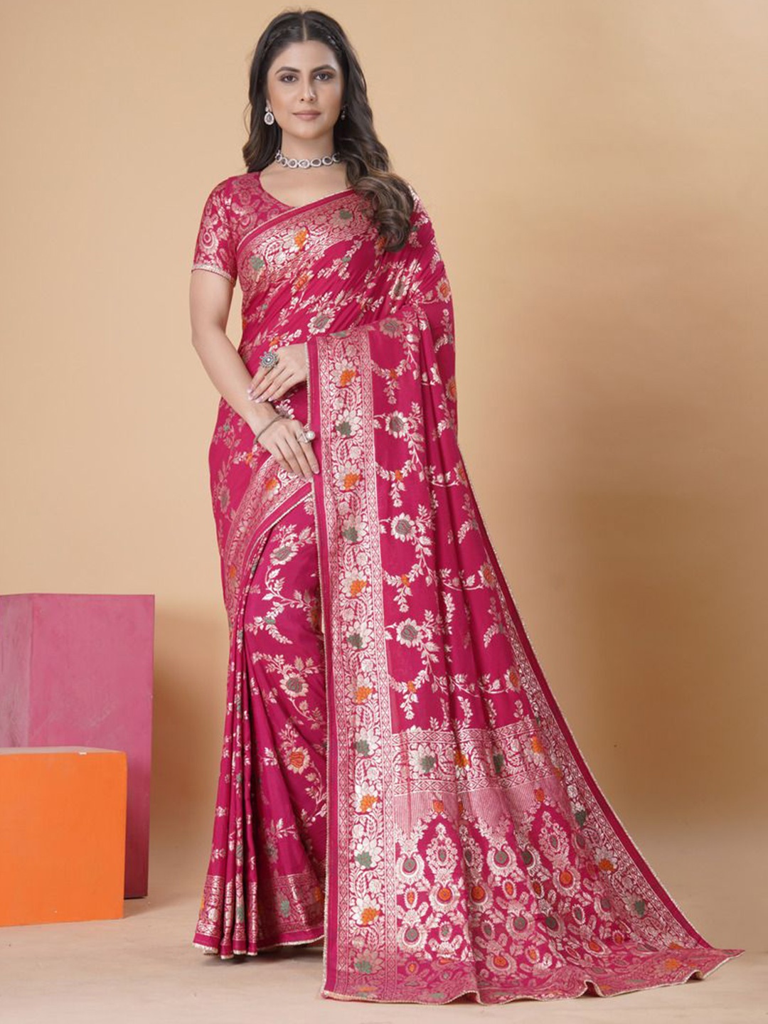 

Krimmple Woven Design Zari Saree, Pink