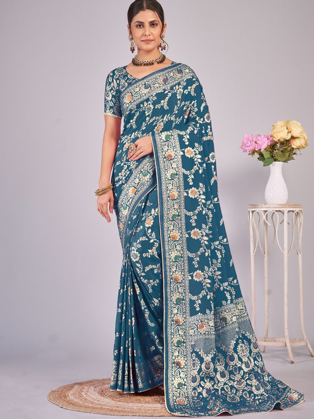 

Krimmple Woven Design Zari Silk Cotton Saree, Blue