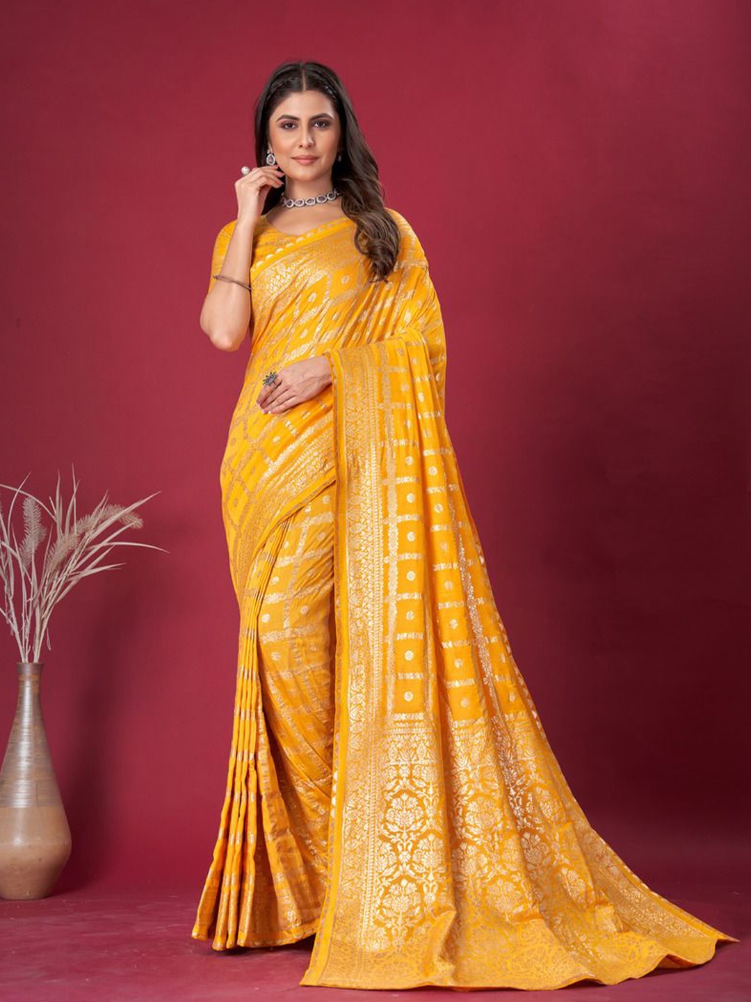 

Krimmple Woven Design Zari Saree, Yellow
