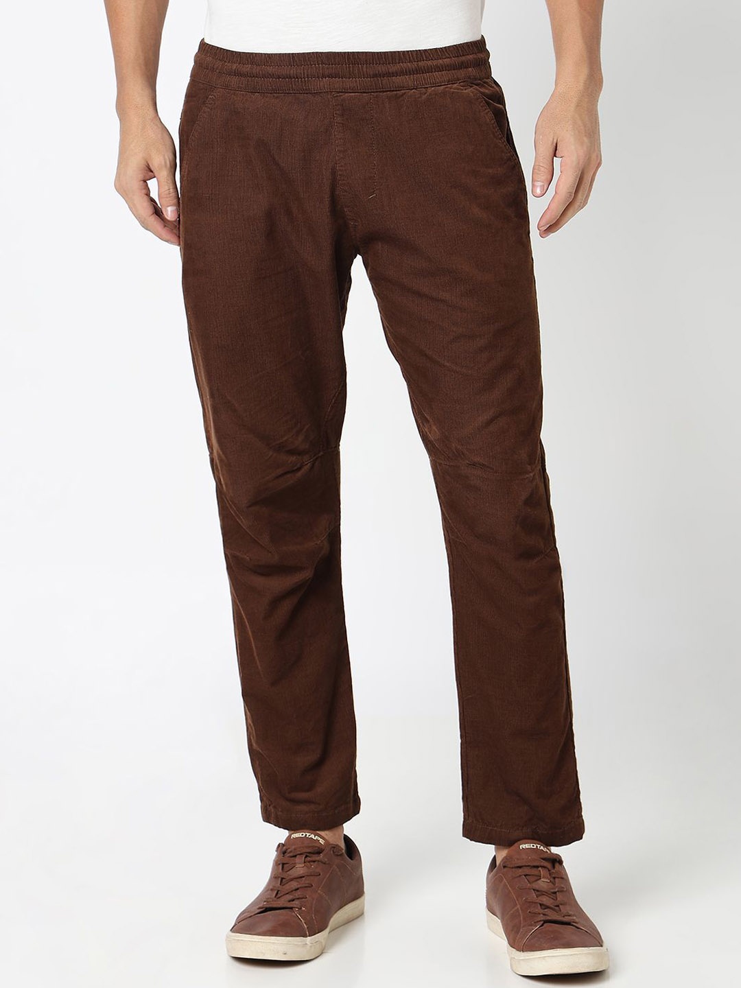 

R&B Men Cotton Mid-Rise Flat-Front Trousers, Brown