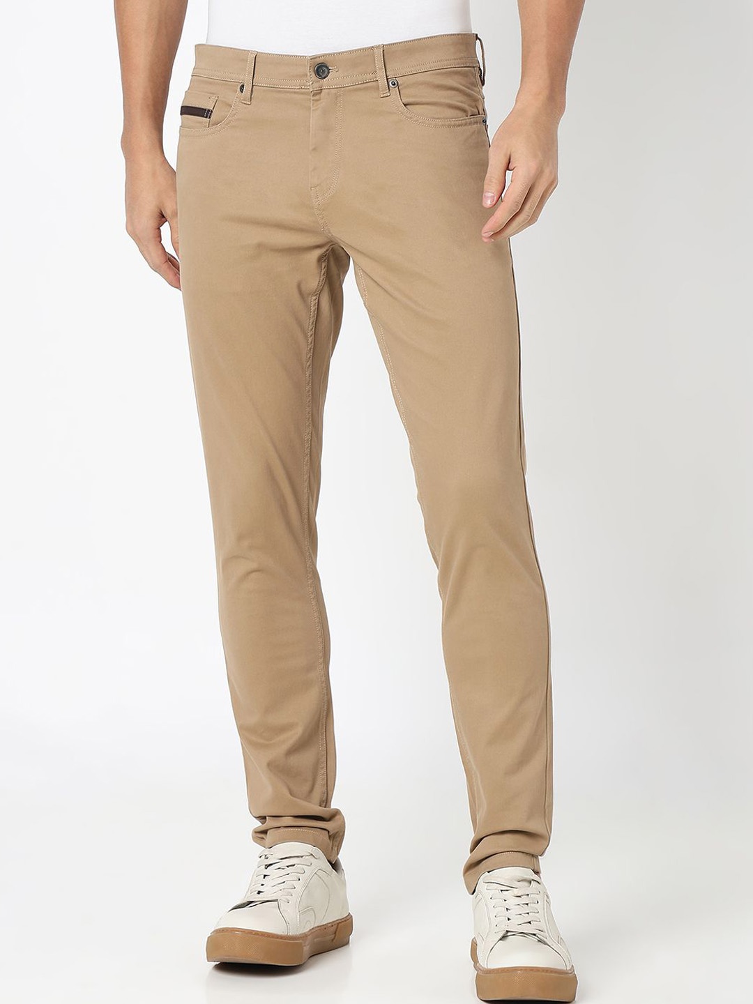 

R&B Men Cotton Slim Fit Trousers, Beige