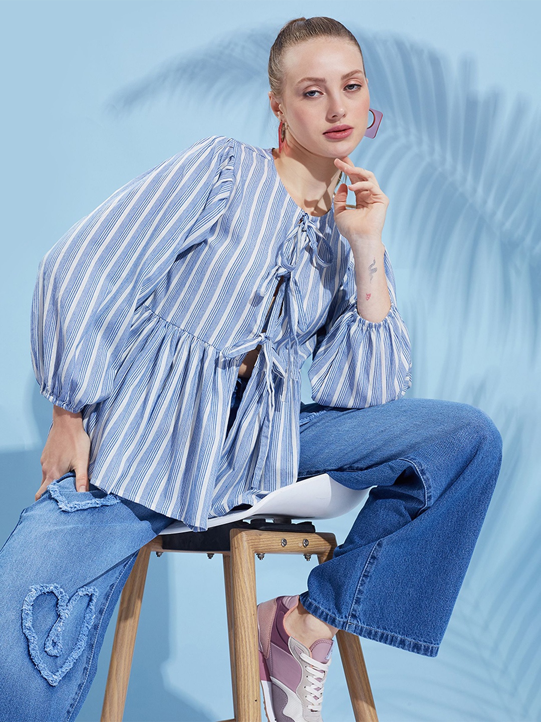 

DressBerry Women Striped Tie-Up Neck Cotton Top, Blue