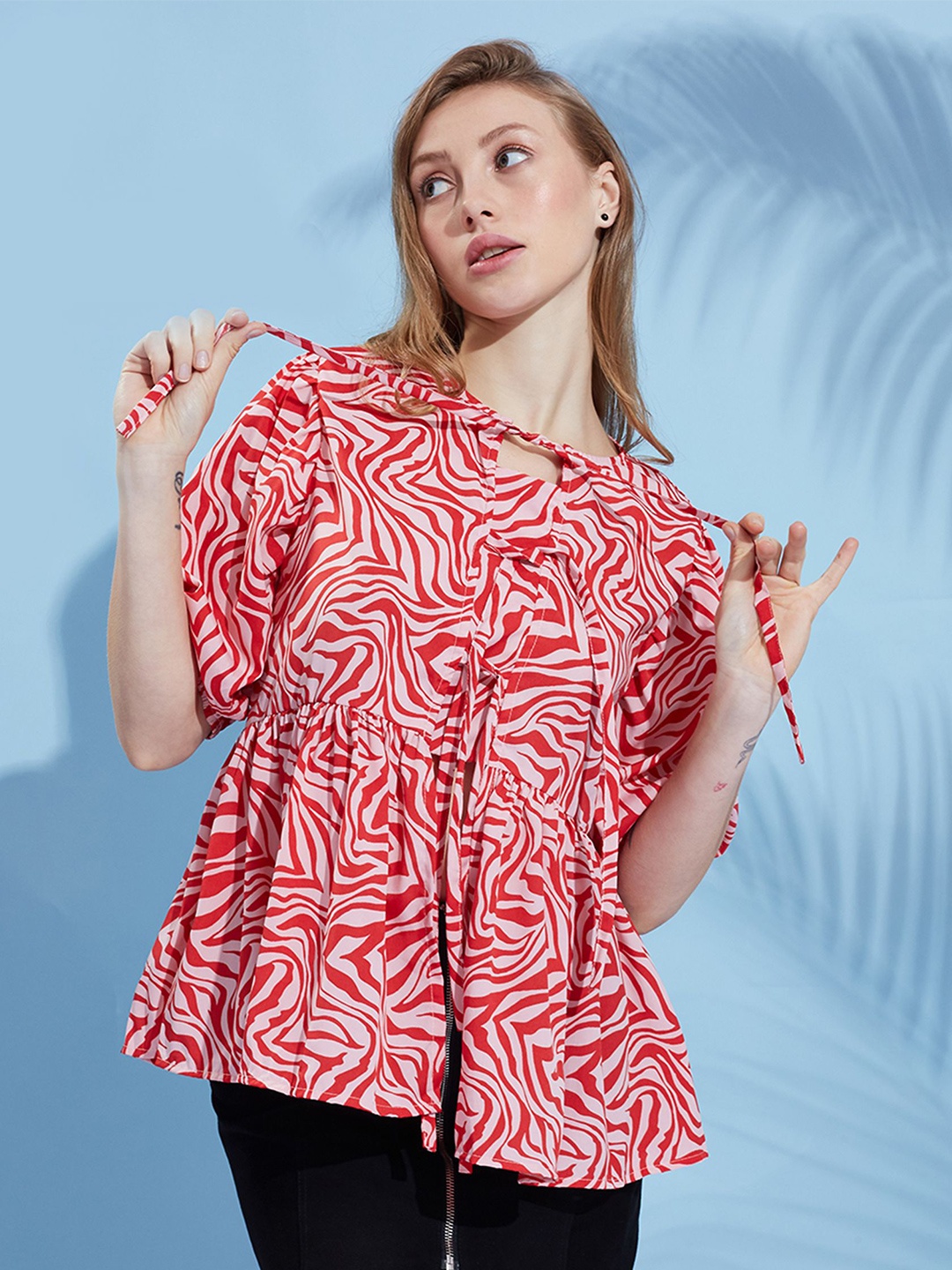 

DressBerry Printed Tie-Up Neck Peplum Top, Red