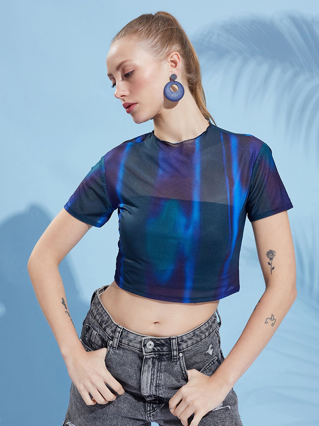 

DressBerry Women Printed Round Neck Crop Top, Black