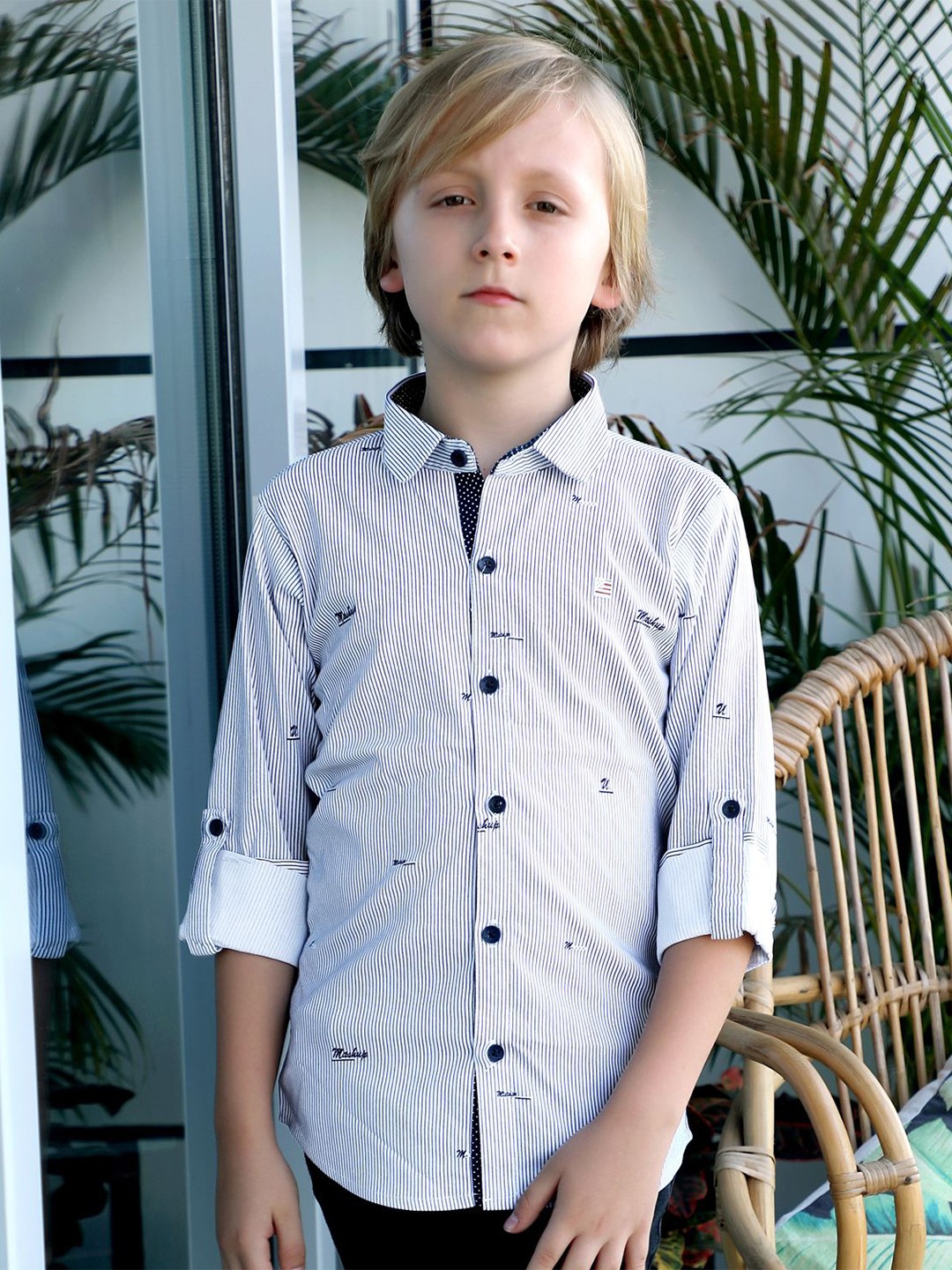 

MashUp Boys Classic Spread Collar Vertical Striped Cotton Casual Shirt, White