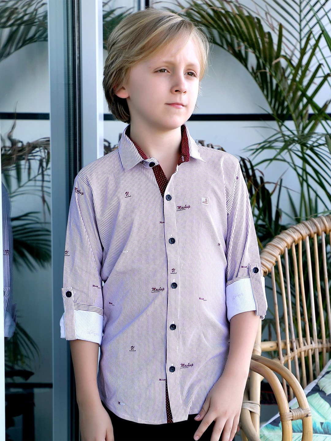 

MashUp Boys Classic Spread Collar Vertical Striped Cotton Casual Shirt, White