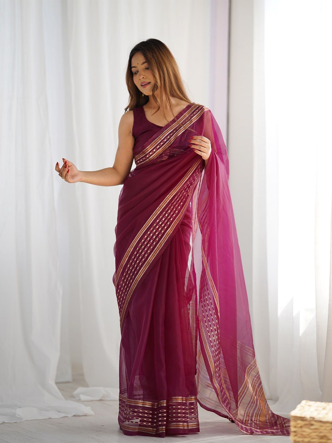 

KALINI Organza Embroidered Sequence Thread Work Chanderi Saree, Purple