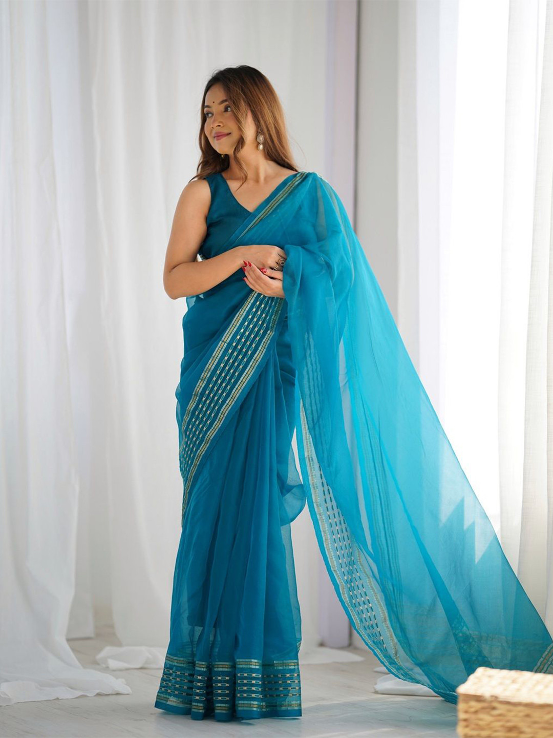 

KALINI Embriodery Organza Chanderi Saree, Blue