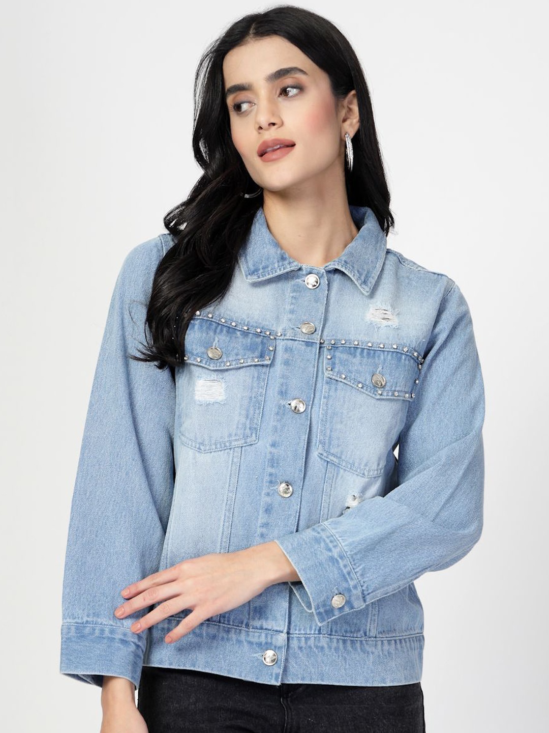 

COSMIC TRIO Women Spread Collar Washed Self Design Cotton Casual Denim Jacket, Blue