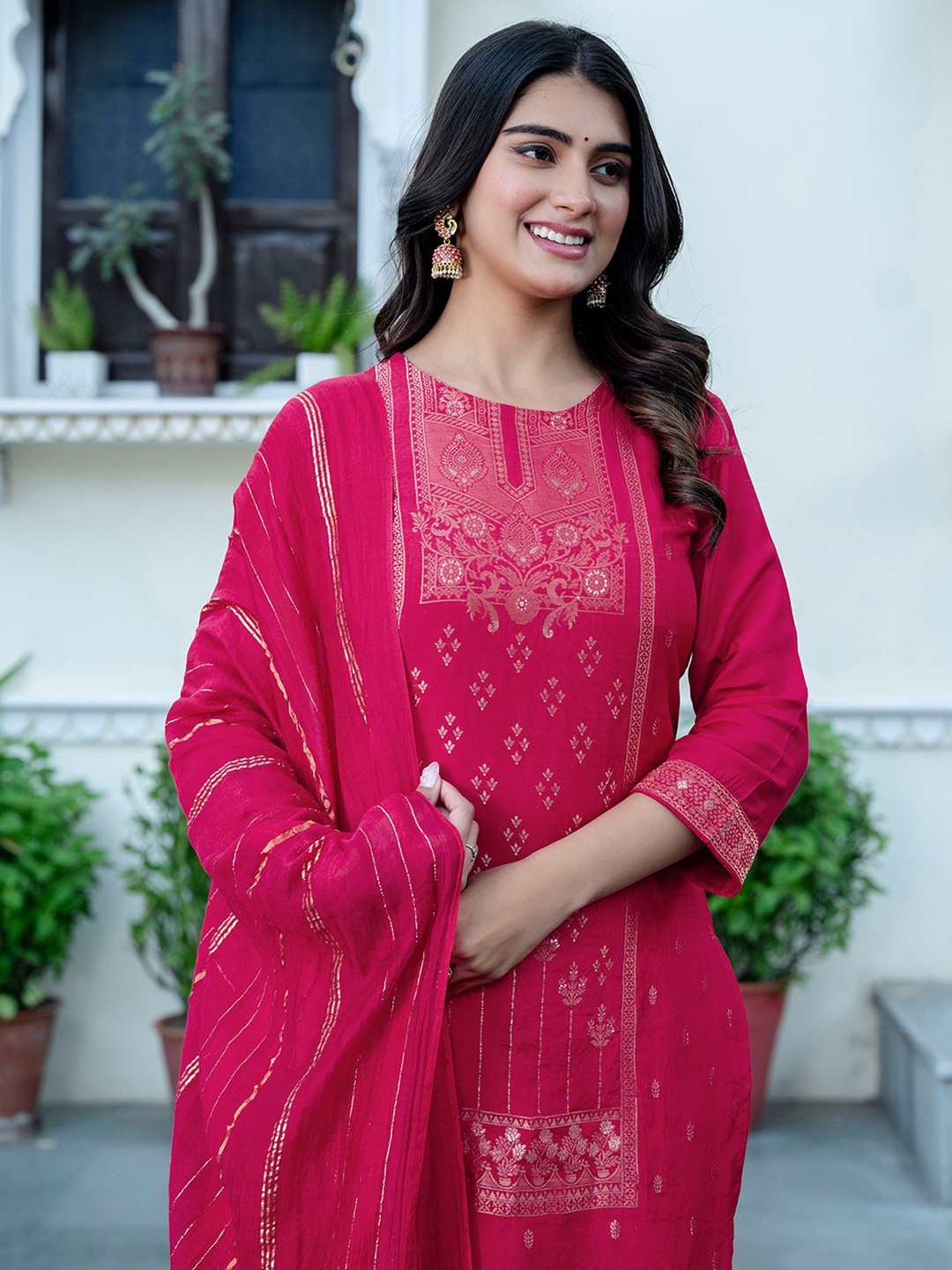 

KALINI Ethnic Motifs Woven Design Straight Kurta with Trousers & With Dupatta, Pink