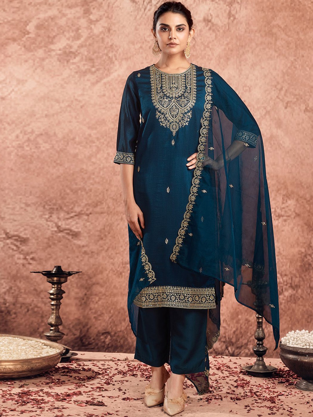 

KALINI Ethnic Motifs Embroidered Sequinned Kurta with Trousers & Dupatta, Blue