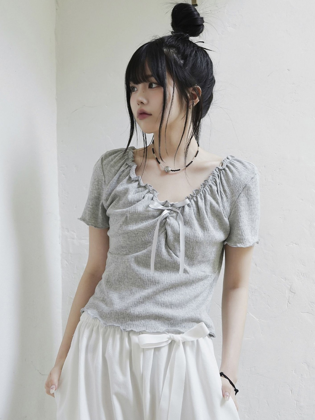 

LULU & SKY Women Solid Tie-Up Neck Lace Frills Bows and Ruffles Top, Grey