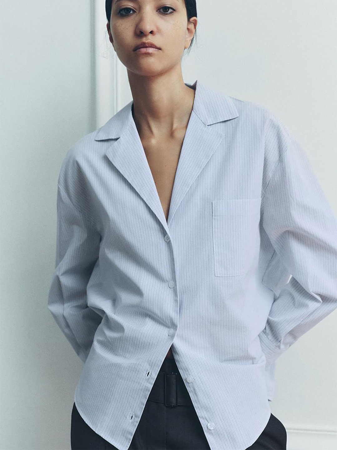 

LULU & SKY Women Cuban Collar Vertical Striped Relaxed Fit Casual Shirt, Blue