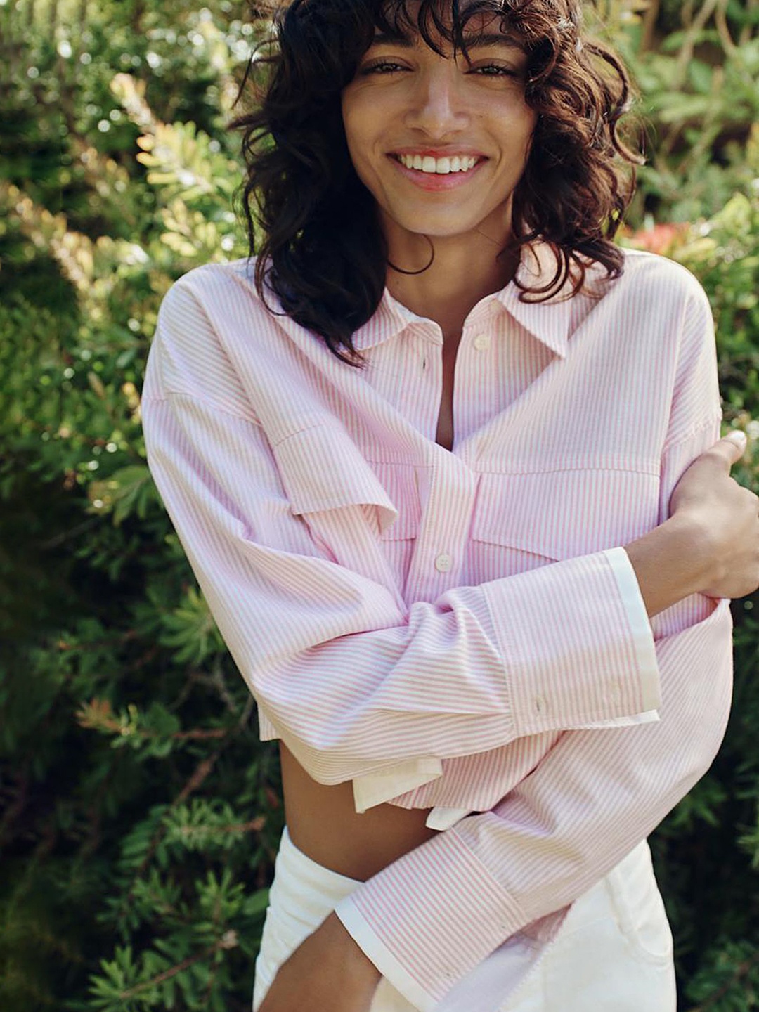 

LULU & SKY Women Spread Collar Vertical Striped Boxy Casual Shirt, Pink