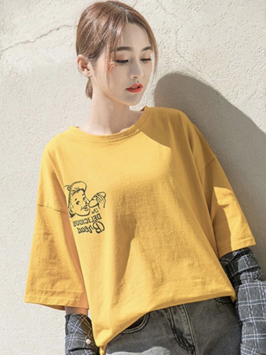 

LULU & SKY Women Typography Printed Round Neck Oversized T-shirt, Mustard