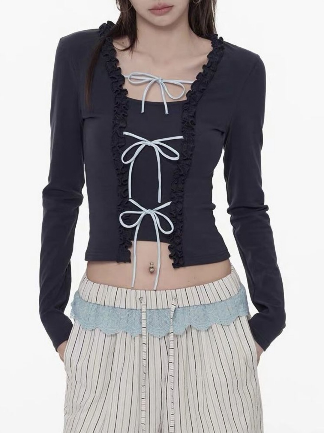 

LULU & SKY Women Self Design Long Sleeves Lace-Up Cotton Top, Black