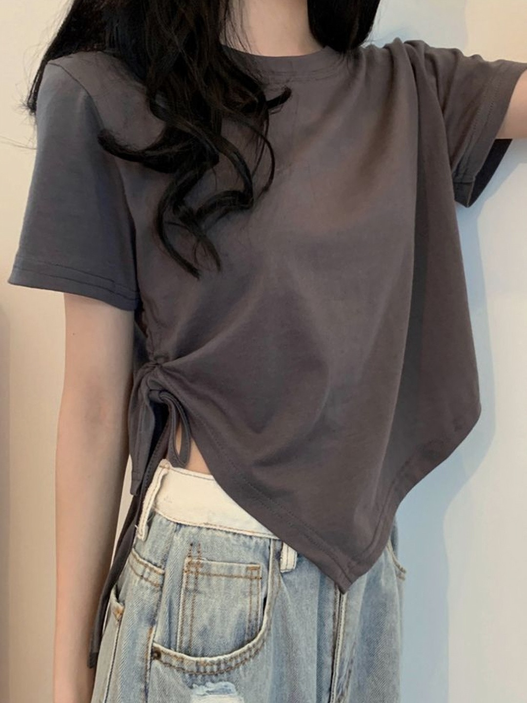 

LULU & SKY Women Solid Waist Tie-Ups Short Sleeves Crop Top, Brown