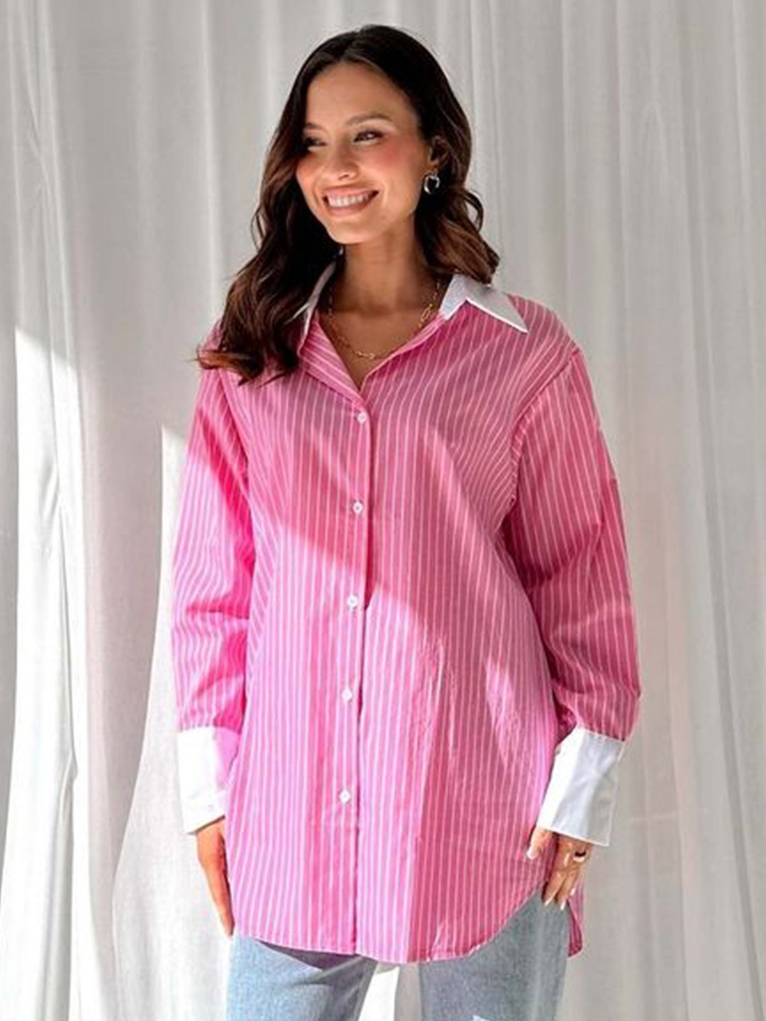 

LULU & SKY Women Spread Collar Vertical Striped Oversized Casual Shirt, Pink