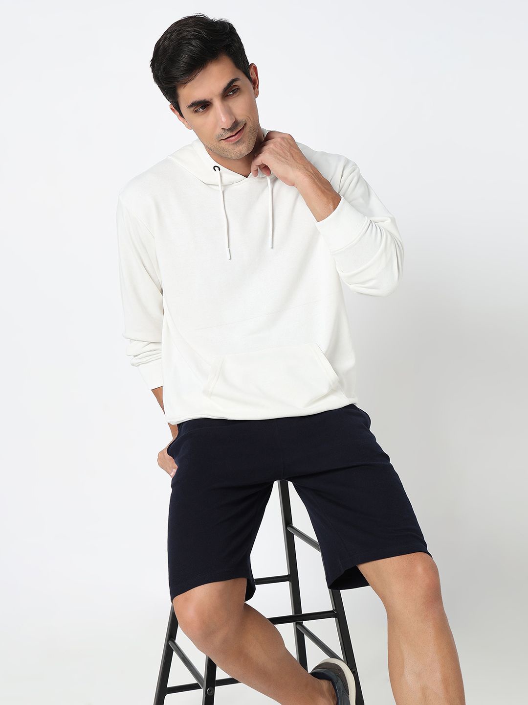 

R&B Men Hooded Cotton Pullover Sweatshirt, White