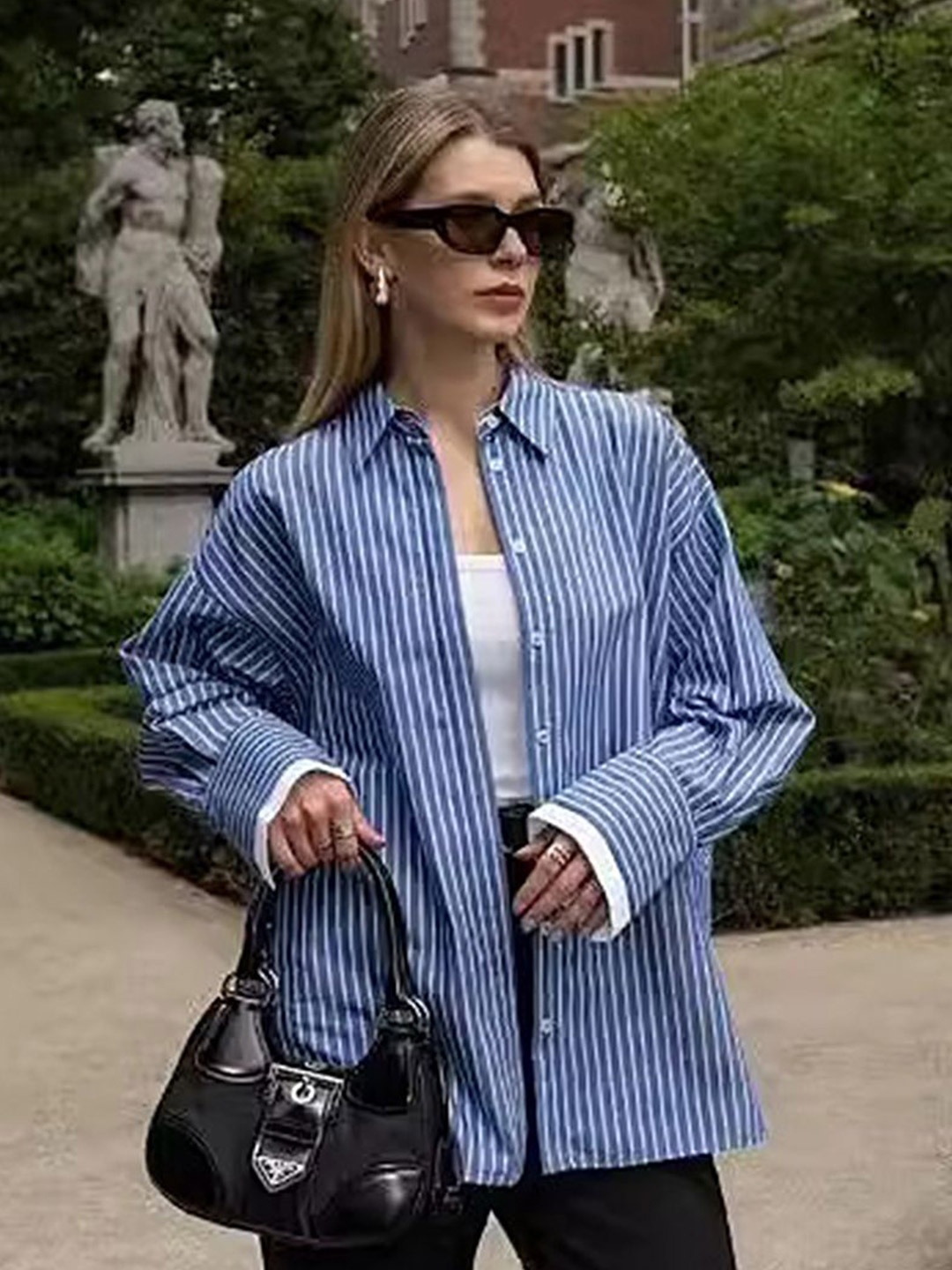 

LULU & SKY Women Spread Collar Vertical Striped Relaxed Fit Casual Shirt, Blue