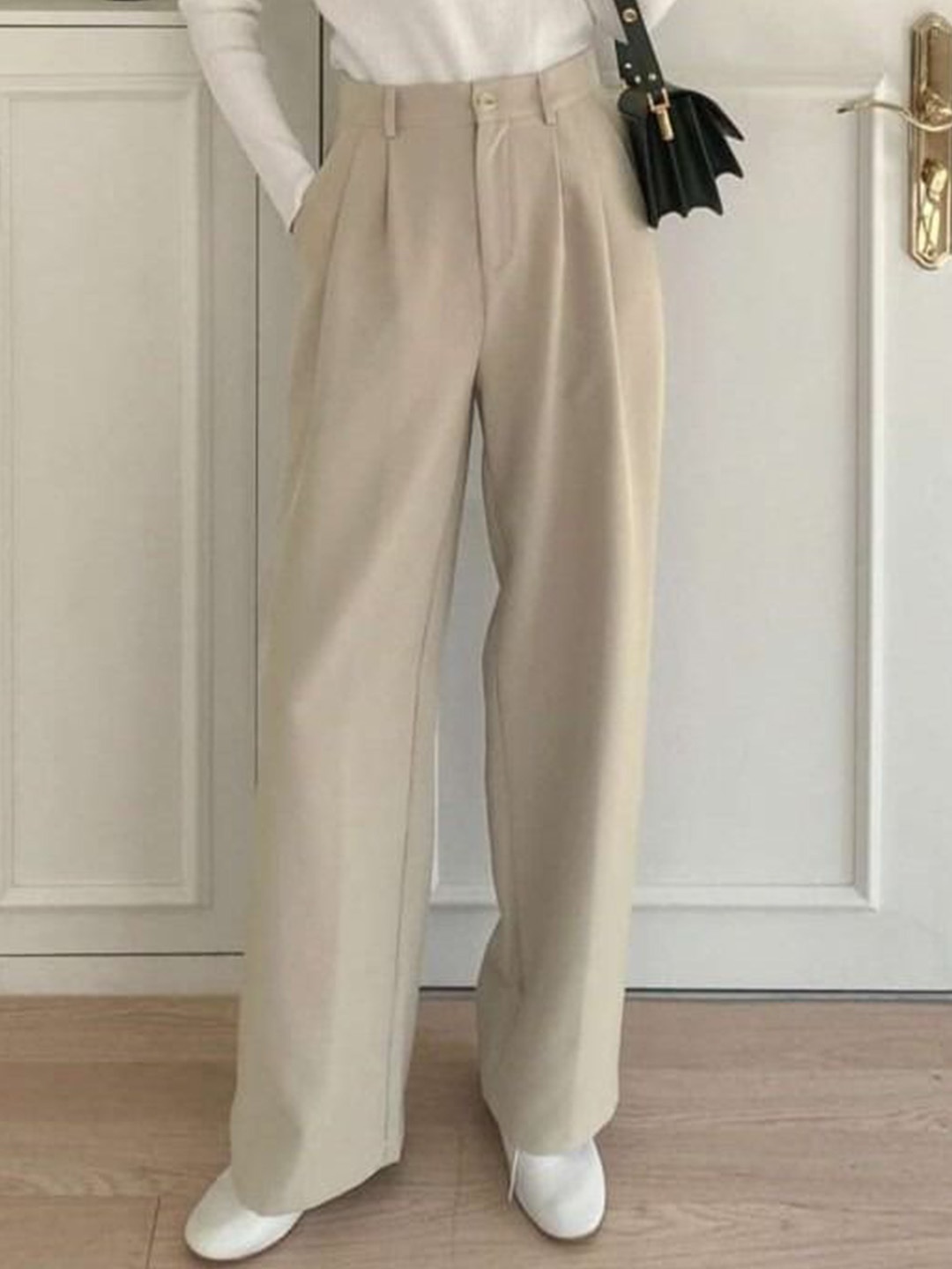 

Next One Women Smart Loose Fit High-Rise Easy Wash Pleated Korean Pants, Beige