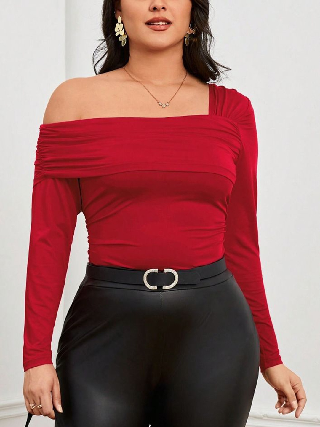 

LULU & SKY Women Plus Size Solid One Shoulder Neck Long Sleeves Fitted Top, Red