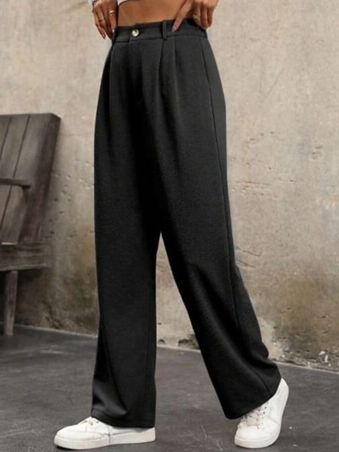 

Next One Women Smart Straight Fit High-Rise Easy Wash Pleated Korean Pant, Black