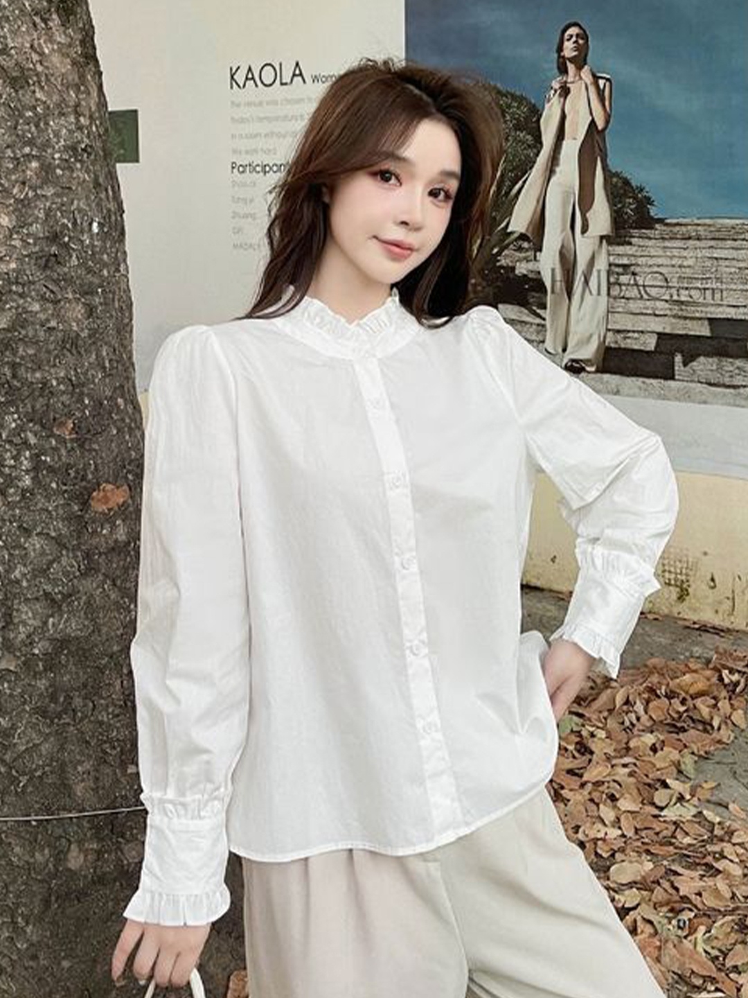 

LULU & SKY Women Mandarin Collar Solid Casual Shirt, White