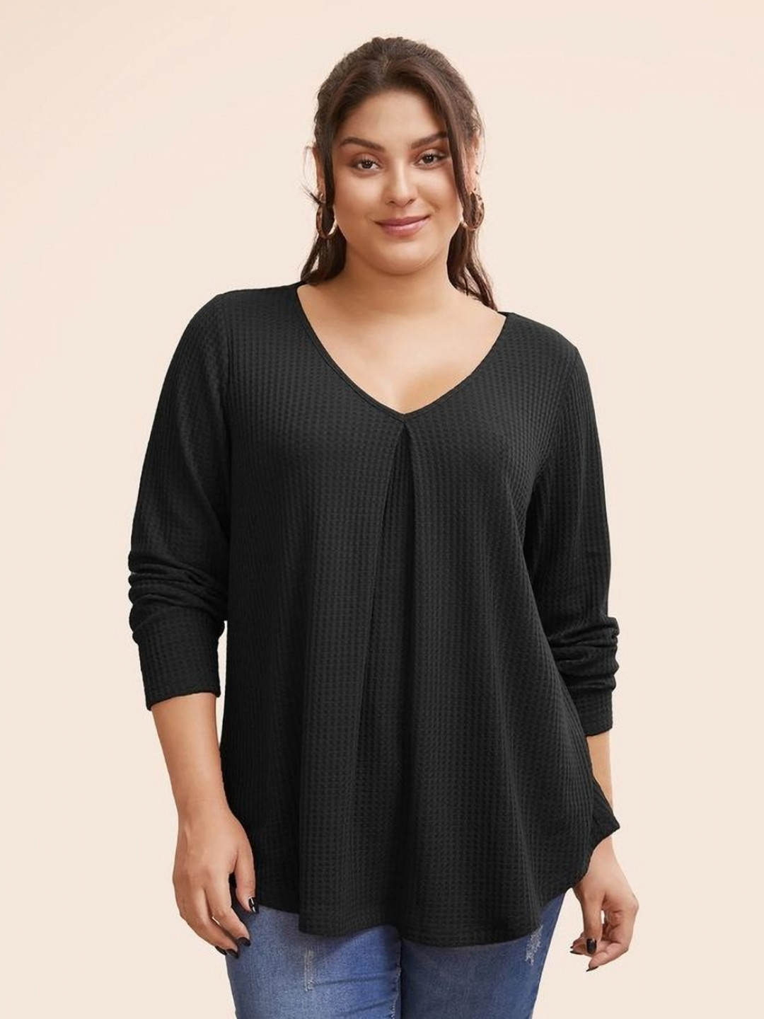 

LULU & SKY Women Solid V-Neck Longline Plus Size Top, Black
