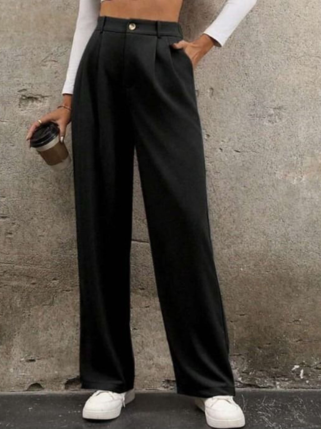 

Next One Women Smart High-Rise Easy Wash Pleated korean pants, Black