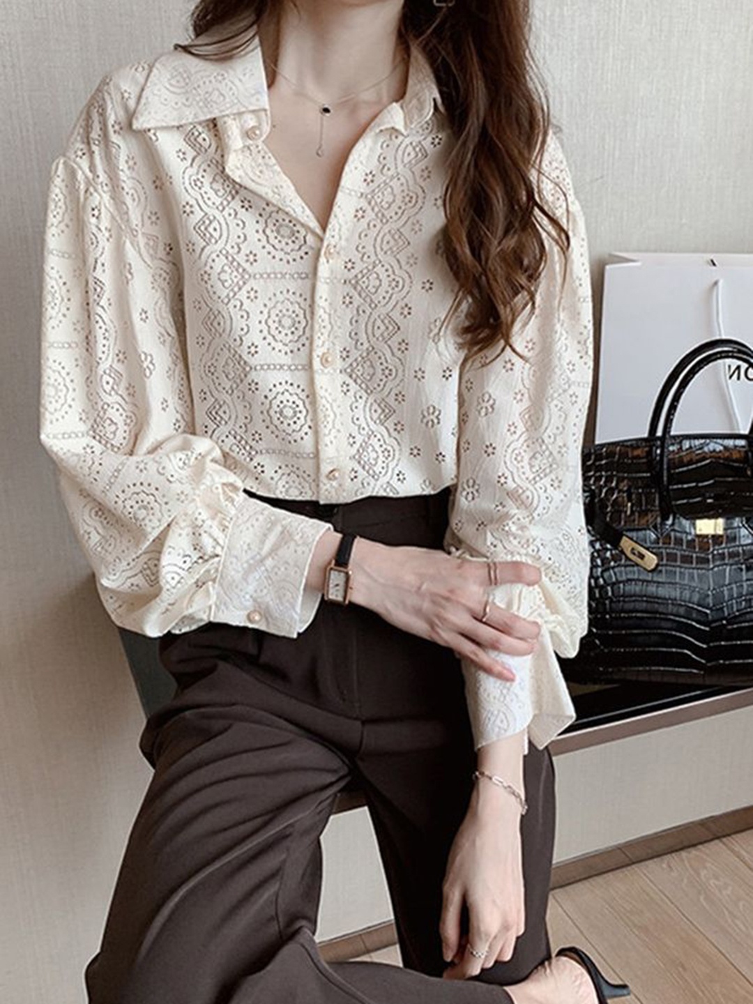 

LULU & SKY Women Spread Collar Textured Cotton Relaxed Fit Casual Shirt, White