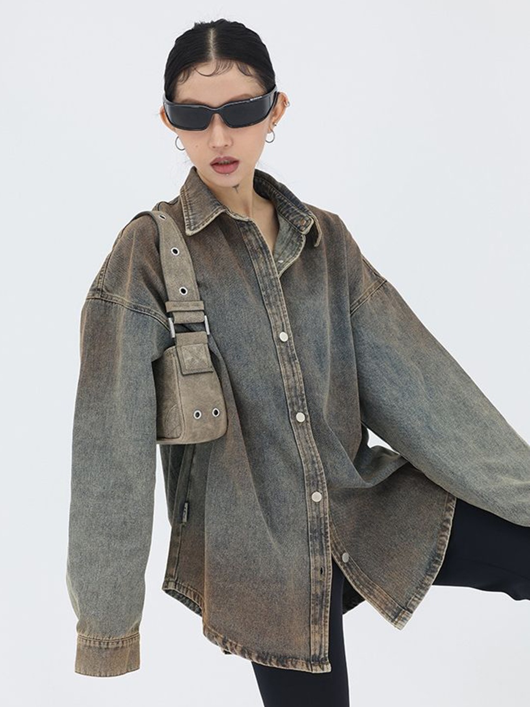 

LULU & SKY Women Spread Collar Faded Cotton Oversized Casual Shirt, Charcoal