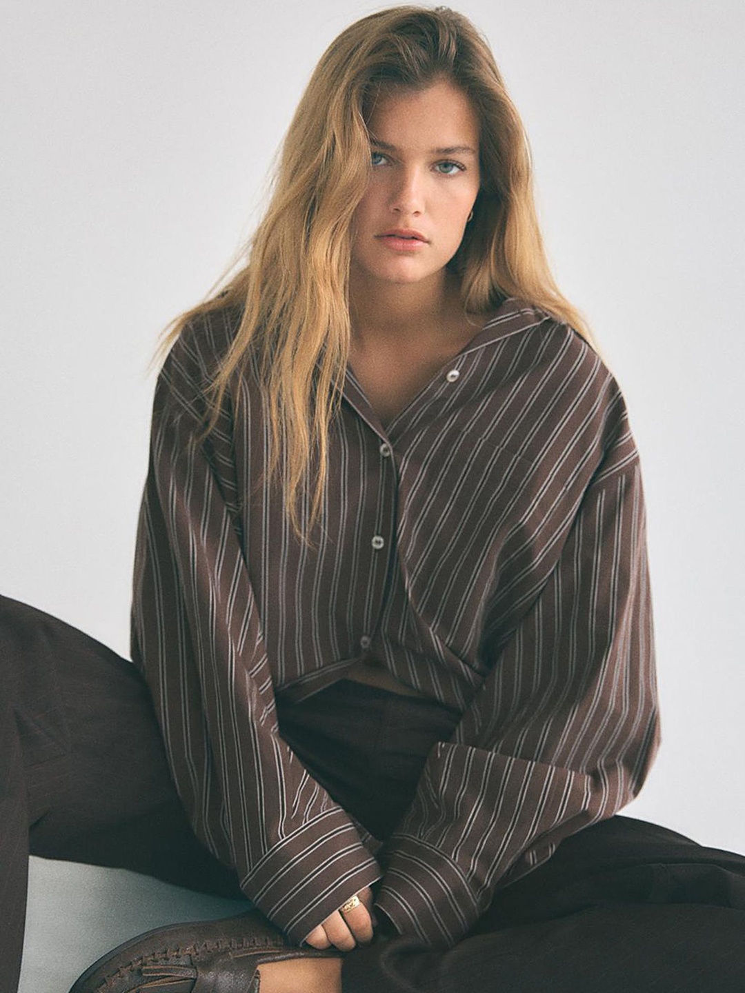 

LULU & SKY Women Spread Collar Vertical Striped Oversized Casual Shirt, Brown