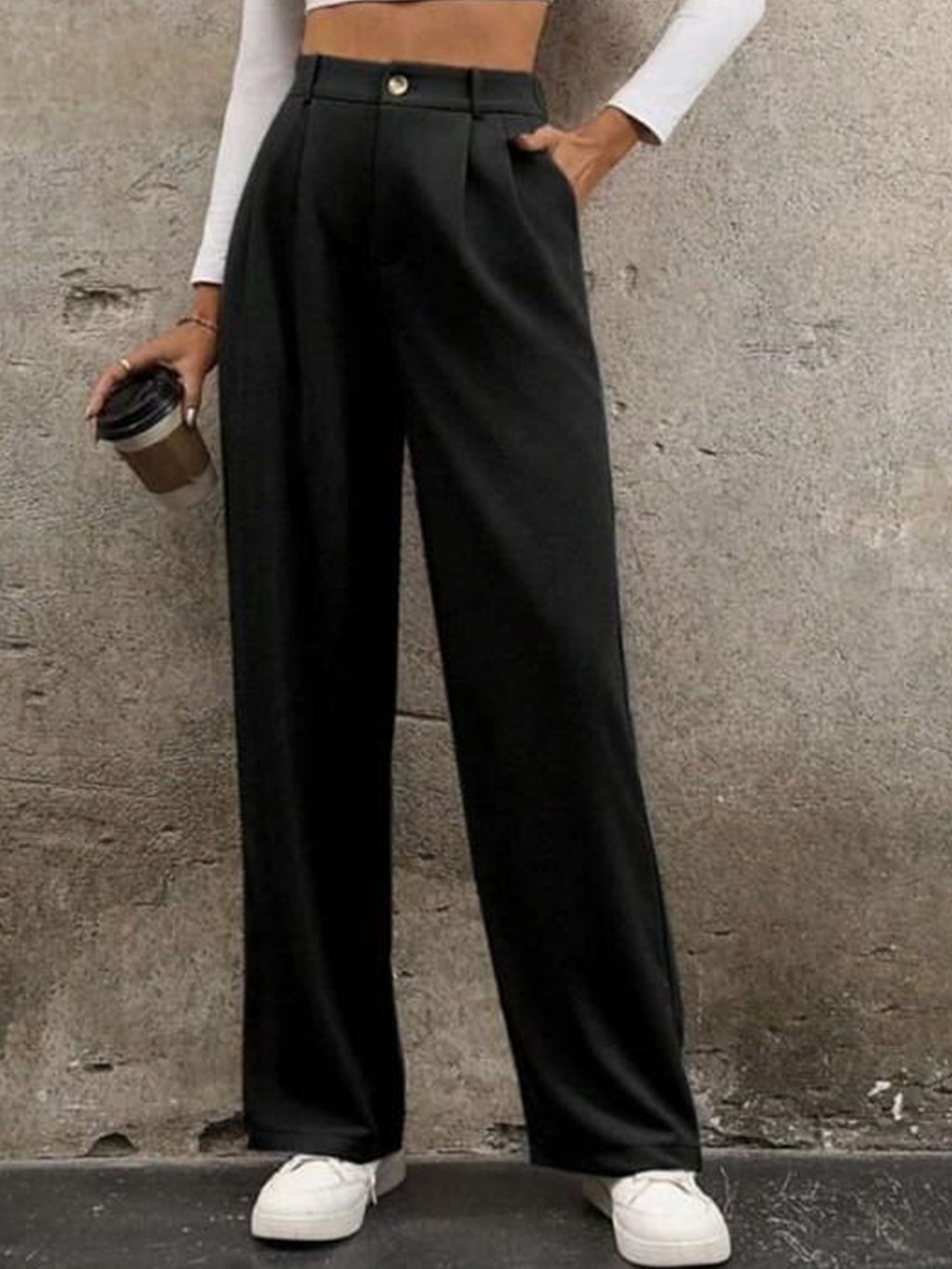 

Next One Women Smart High-Rise Easy Wash Pleated Korean Pants, Black