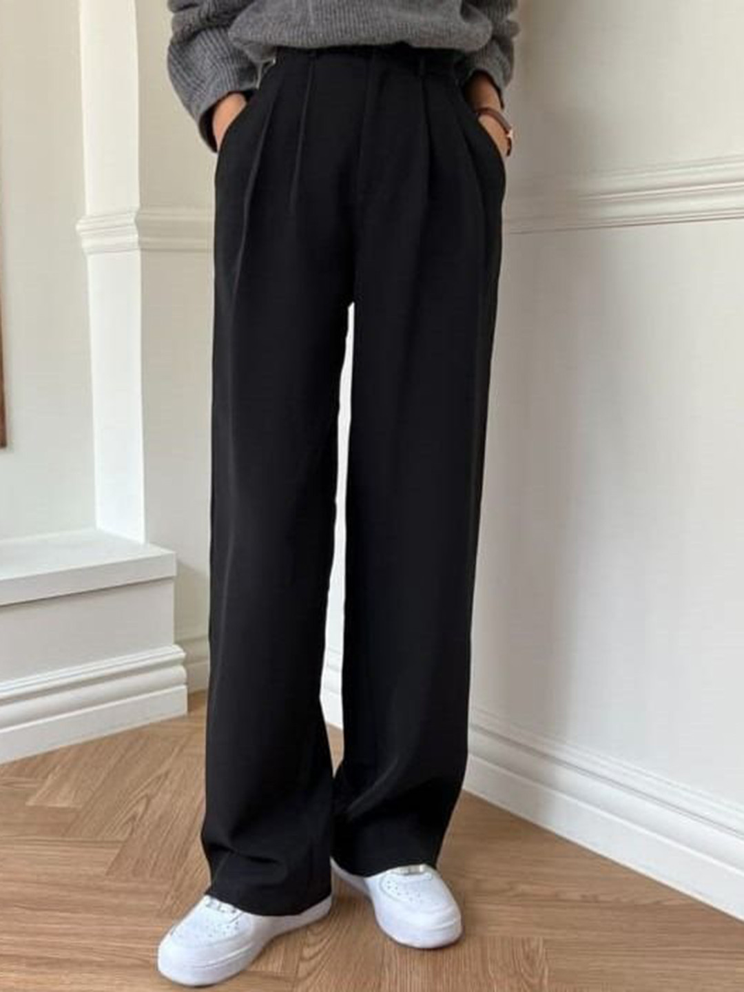 

Next One Women Smart Loose Fit High-Rise Easy Wash Pleated Trousers, Black