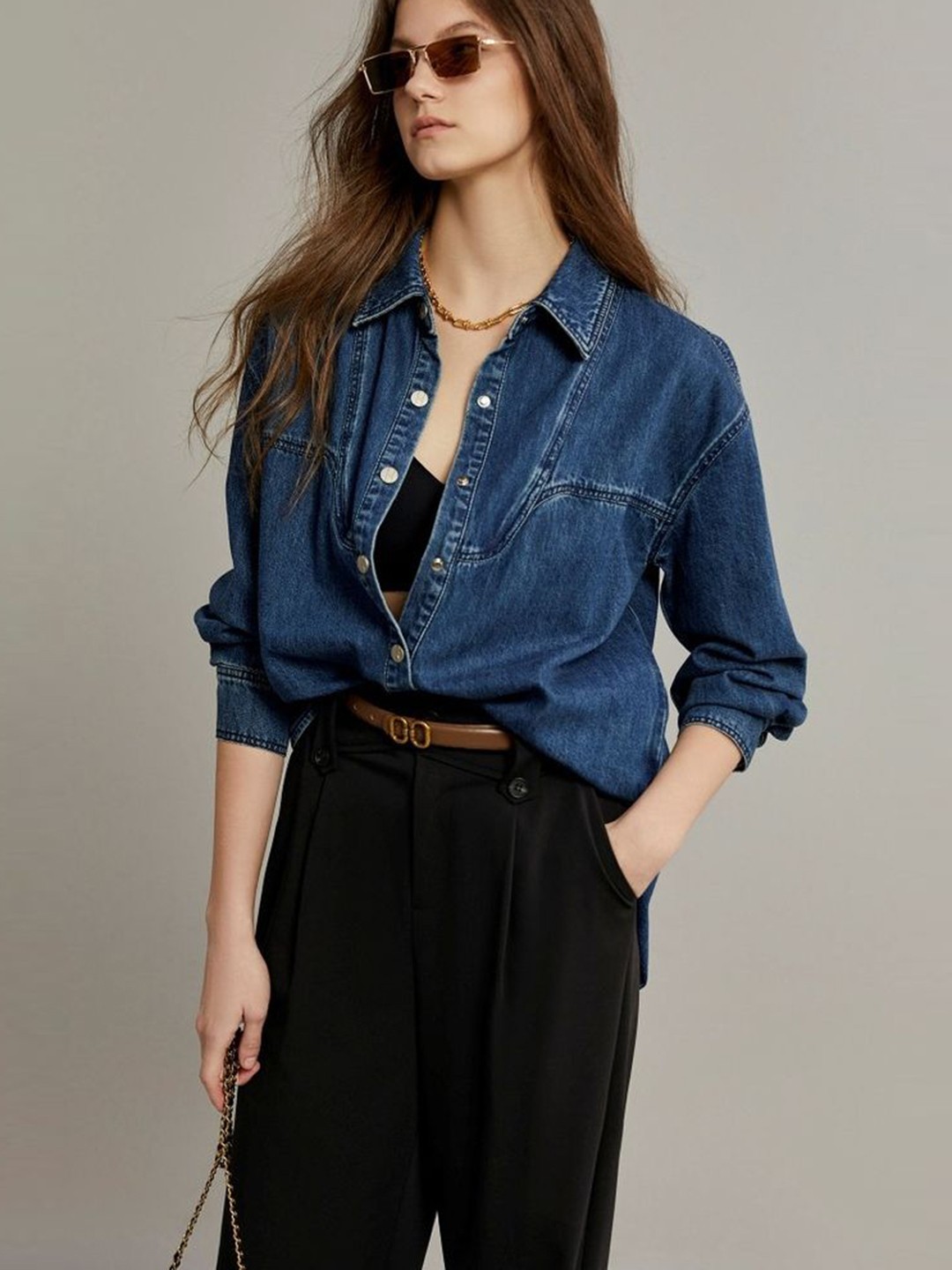 

LULU & SKY Women Spread Collar Solid Cotton Relaxed Fit Casual Shirt, Navy blue