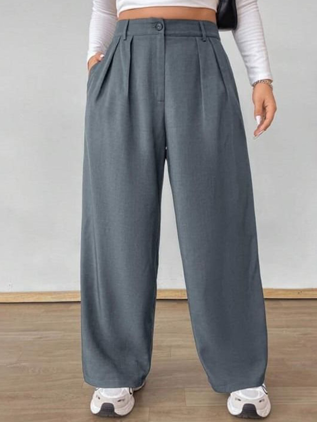 

Next One Women Smart Loose Fit High-Rise Easy Wash Pleated Korean Pants, Grey